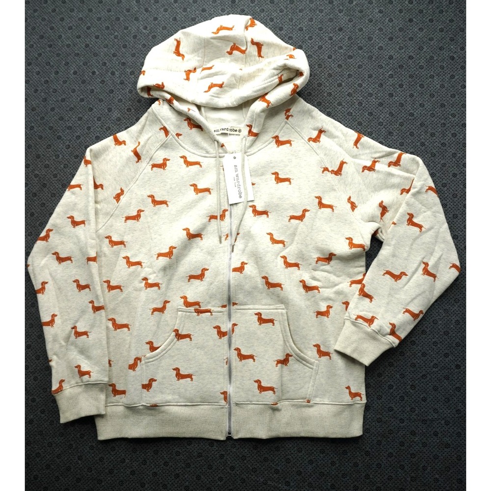 SM Wardrobe Dachshund Print Full Zip Hoodie Cream Size Medium - Dog Lover - NWT